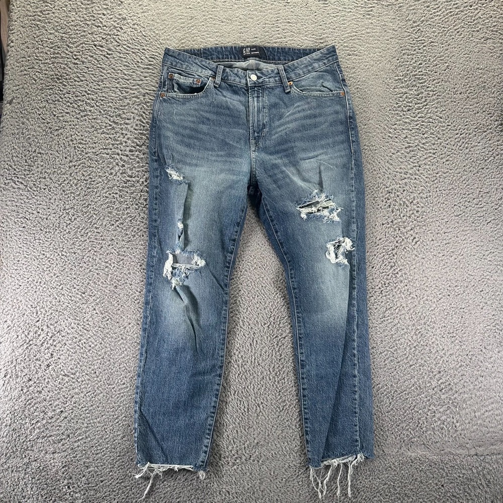 Gap Jeans Womens 12 Blue Cotton Denim Boyfriend Faded Distressed Raw Hem Stretch